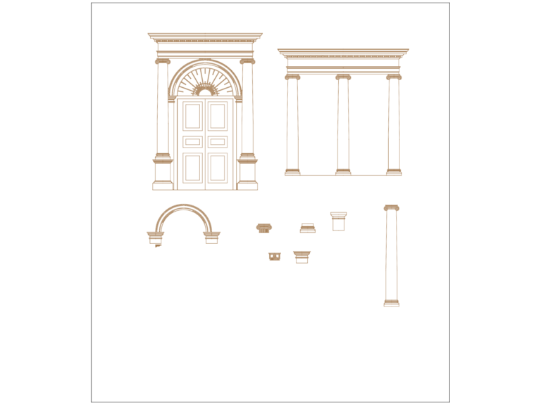 Elevation drawing of a historical arched door and classical columns with ornate capitals.