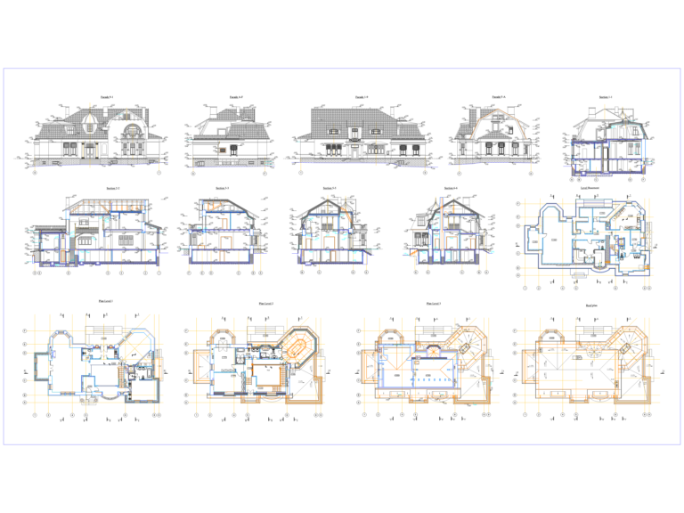 Full architectural set showing floor plans, elevations, and cross-sections of a large multi-story historic villa.