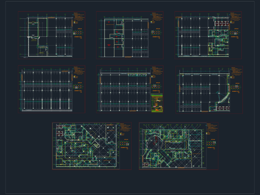 Architectural masonry plan for a hospital basement with structural grid and room labels.