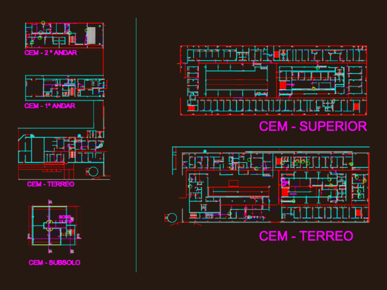 Detailed multi-floor CAD layout for a medical specialty center featuring architectural and electrical network details.