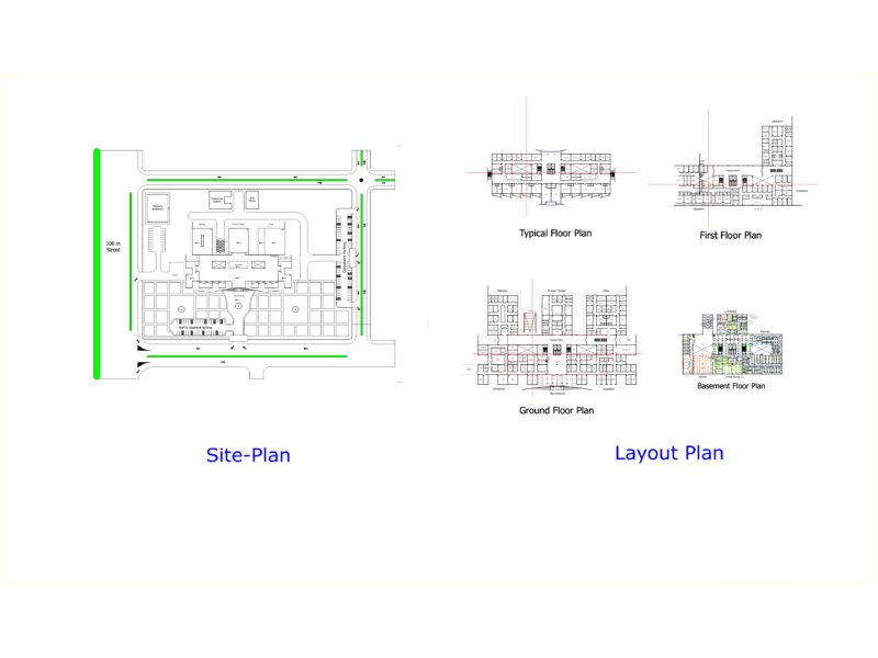 Multi-Floor Hospital Layout and Site Plan Details