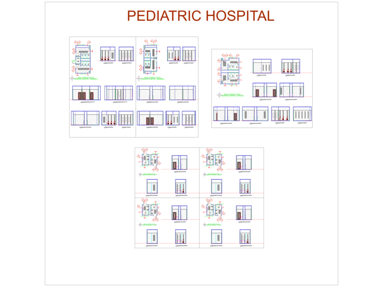 CAD floor plans and elevations showing toilet layouts and tile arrangements for a pediatric hospital.