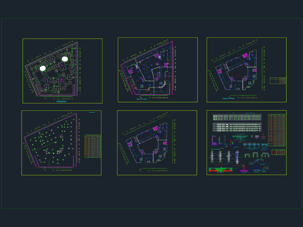 Structural reinforcement layout plan for a hospital showing foundation grids, column sections, and rebar schedules.