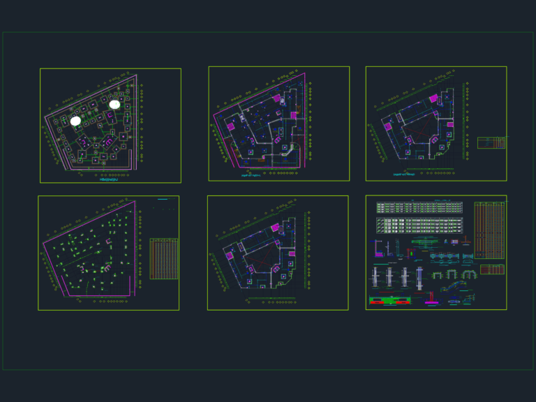 Structural reinforcement layout plan for a hospital showing foundation grids, column sections, and rebar schedules.