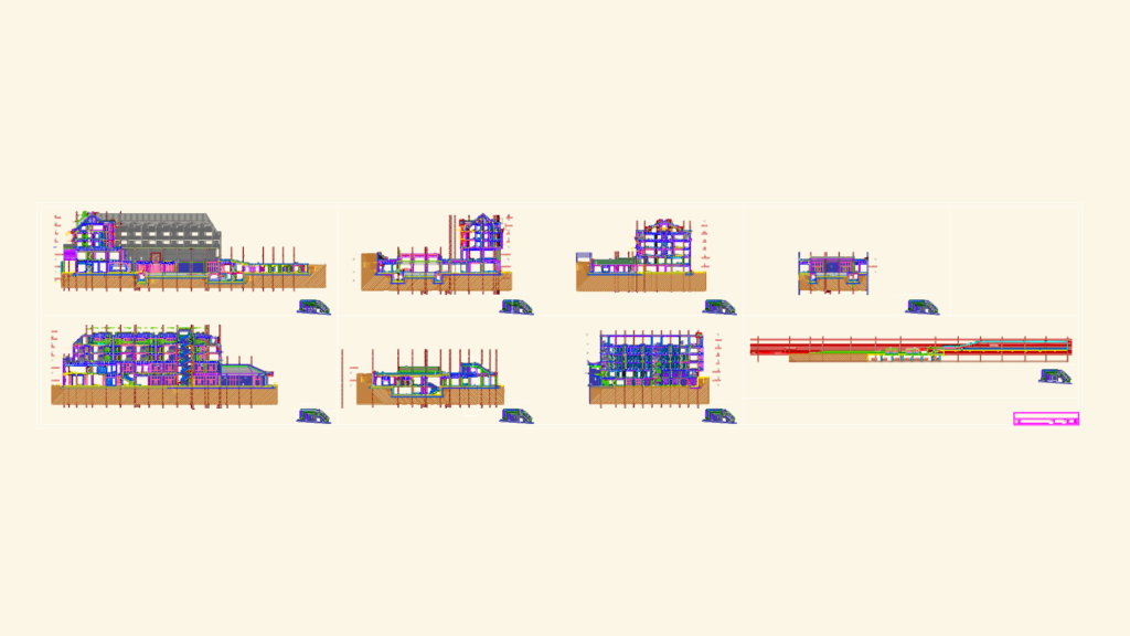 Architectural cross-section drawings of a multi-story building showing floor levels, roof details, and stone facade.