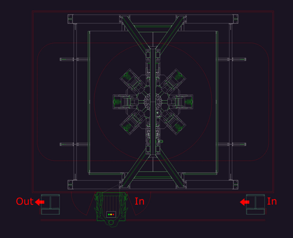 CAD floor plan of various amusement park attractions like bumper cars, arcade games, and a drop tower ride.