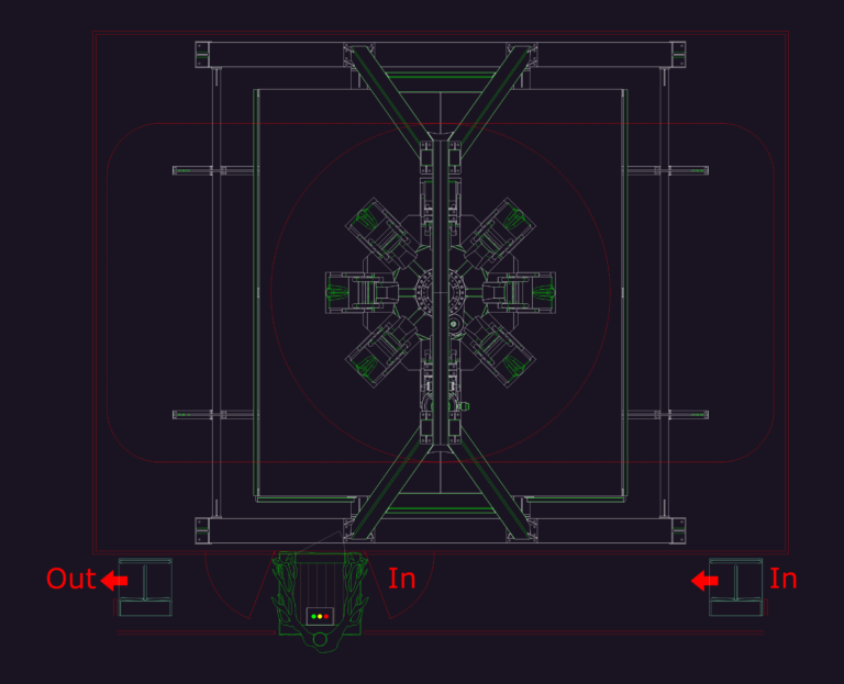 CAD floor plan of various amusement park attractions like bumper cars, arcade games, and a drop tower ride.