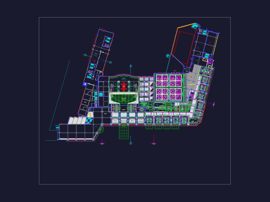 Architectural ceiling plan of a hotel mezzanine floor featuring convention halls, seminar rooms, and lighting details.