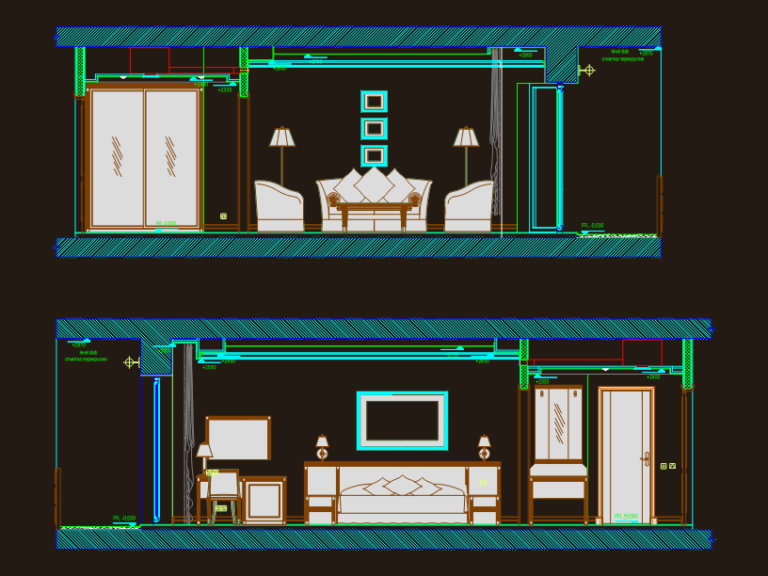 Architectural interior elevations of a hotel room showing bed, sofa, desk, and wardrobe wall layouts with dimensions.
