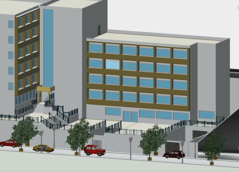 3D massing of a hotel tower building on a site with road, trees, and cars in CAD.