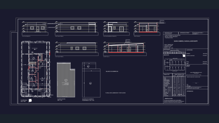 Architectural drawing showing floor plans, elevations, and sections for a single-story residence in Argentina.