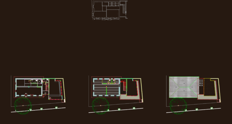 CAD floor plans for a 2-story residence showing interior layout, roof plan, and surrounding landscaping.