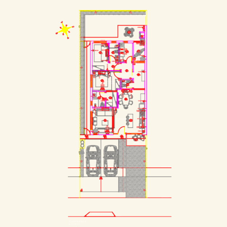 Architectural floor plan and electrical layout for a 124sqm single-story residence with pool and parking.