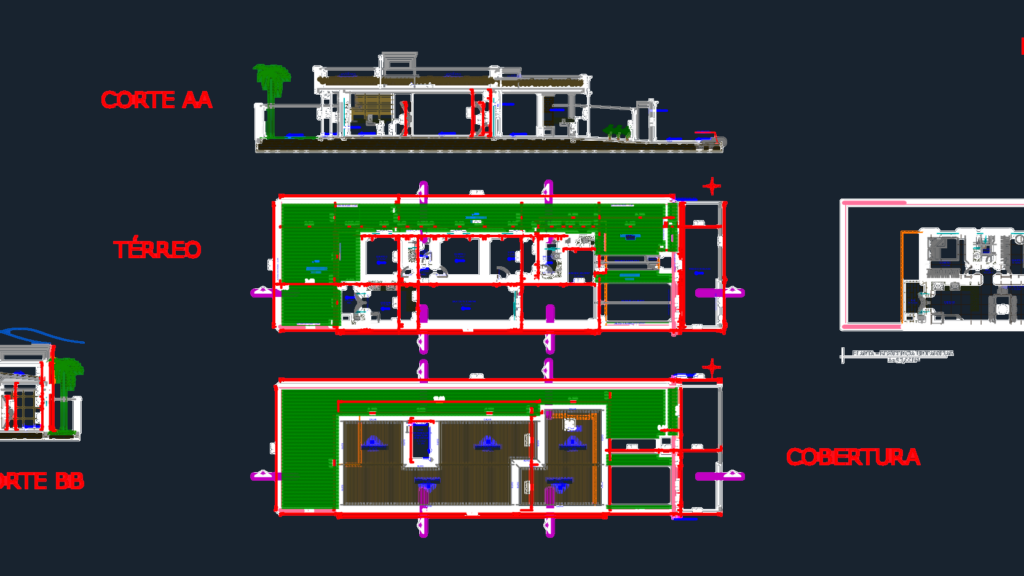 93 square meter house architectural set including floor plan, roof plan, and sections.