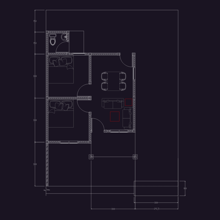 Floor plan and colorful side elevations for a Type 36 small residential house.
