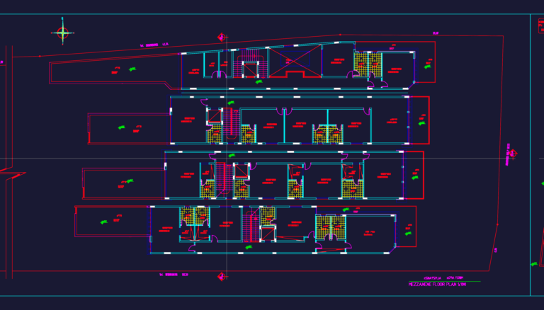 CAD floor plans for a 4-unit chalet building featuring swimming pools and mezzanine levels.