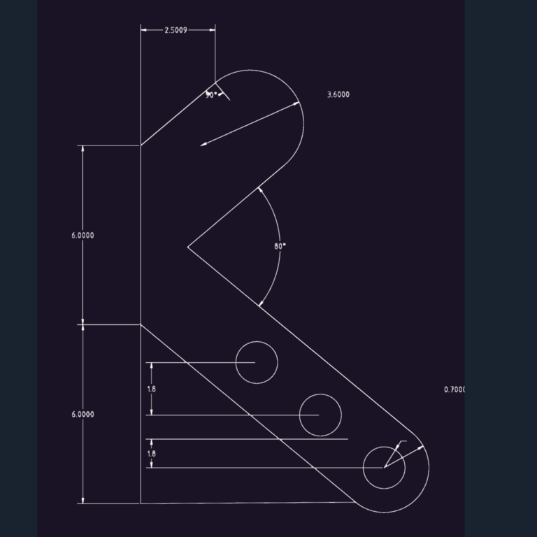2D CAD drawing of an angular mechanical arm with dimensional annotations and three mounting holes.
