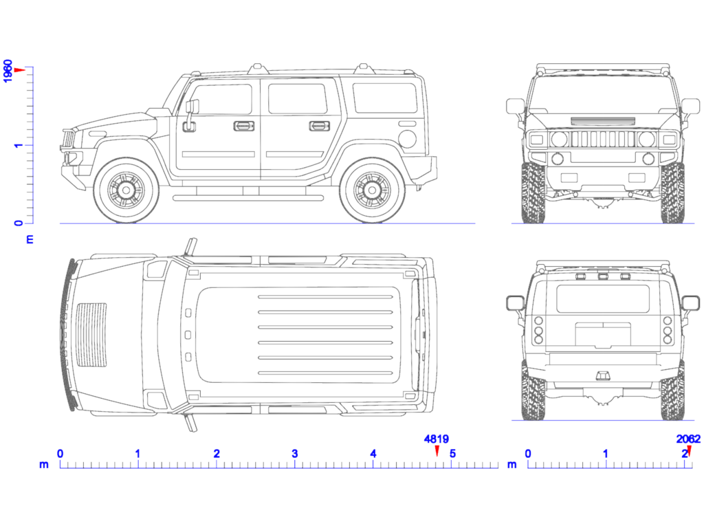 2D elevations and plan view of a 2002 Hummer H2 SUV with dimensions in millimeters