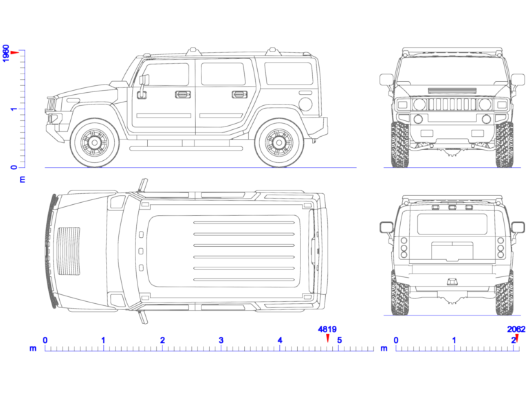 2D elevations and plan view of a 2002 Hummer H2 SUV with dimensions in millimeters