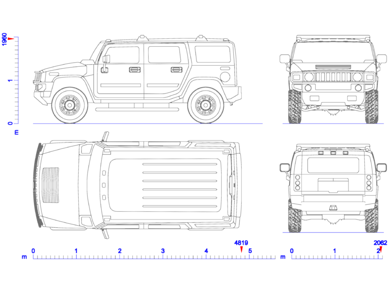 Hummer H2 2002 SUV 2D CAD Elevations and Plan
