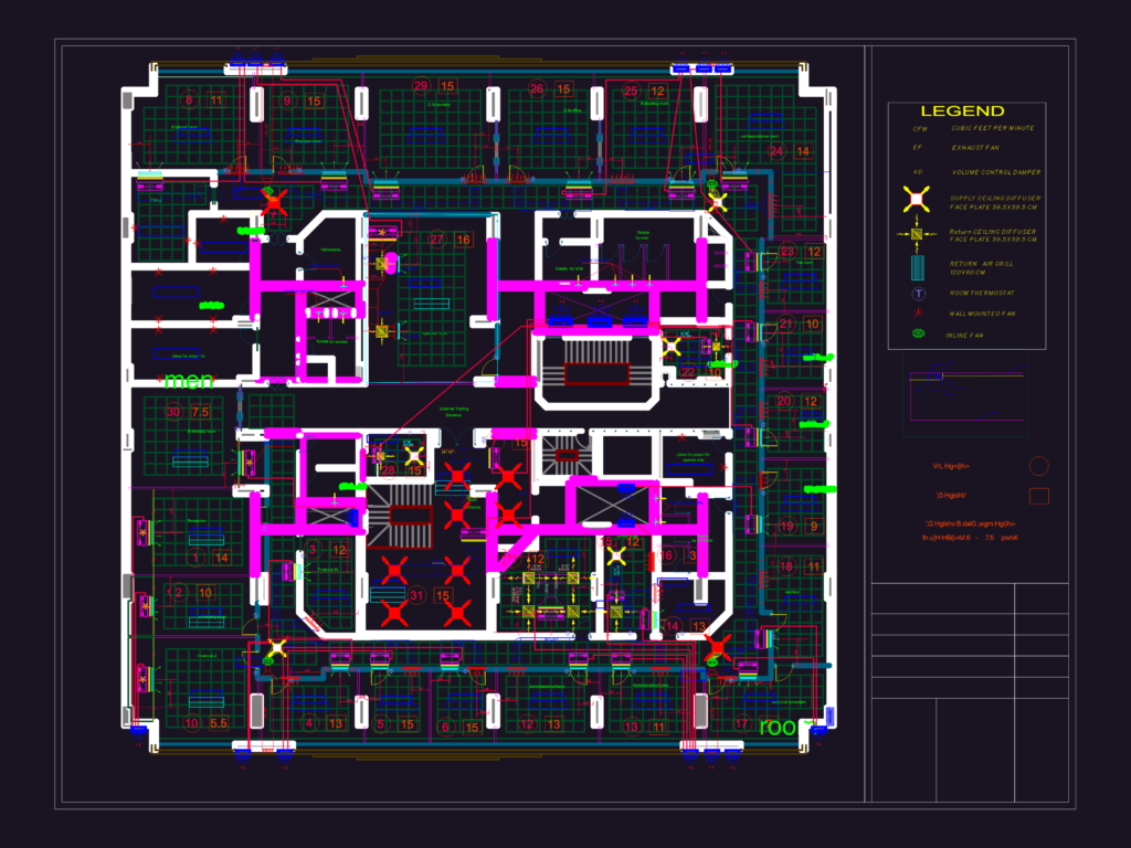 HVAC as-built layout plan showing office floor ductwork and equipment specifications.
