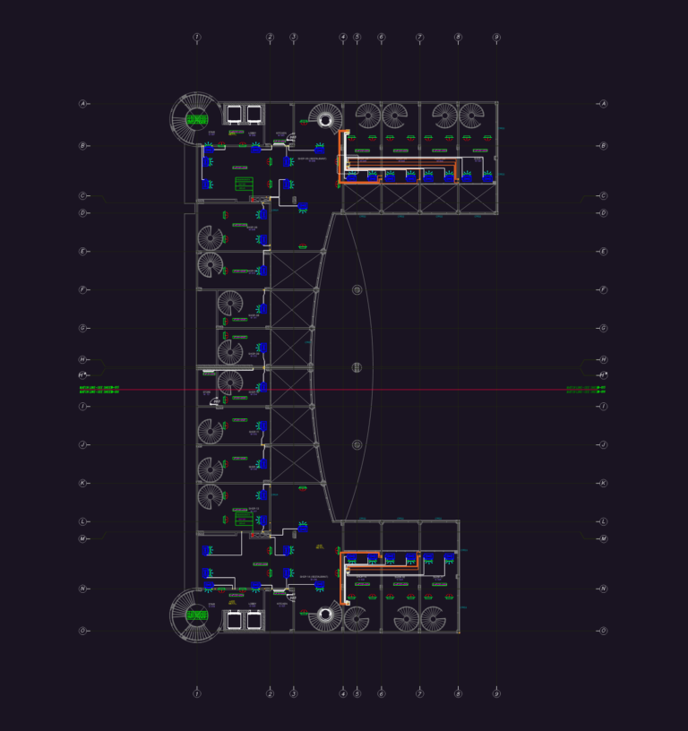 Mezzanine HVAC works plan showing ducting, FCU units, and airflow specs for a commercial building.