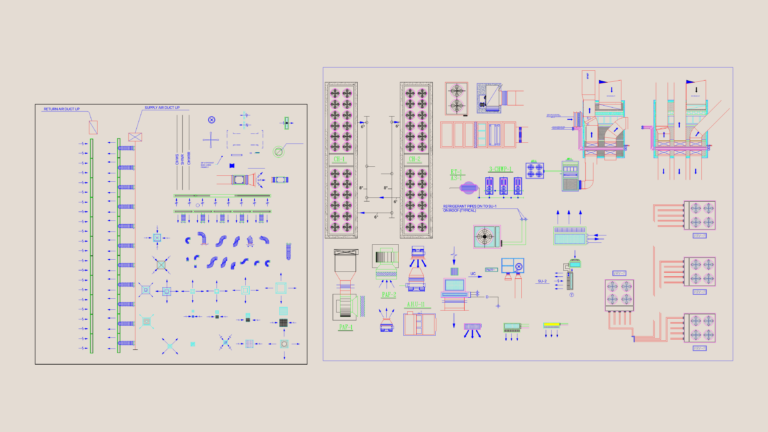 Detailed mechanical drawings of chillers, air handling units, pumps, and ductwork components.