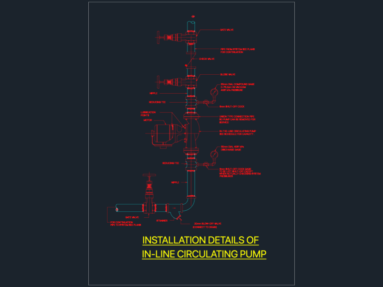CAD diagram of an in-line circulating pump installation with labeled valves, gages, and piping components.