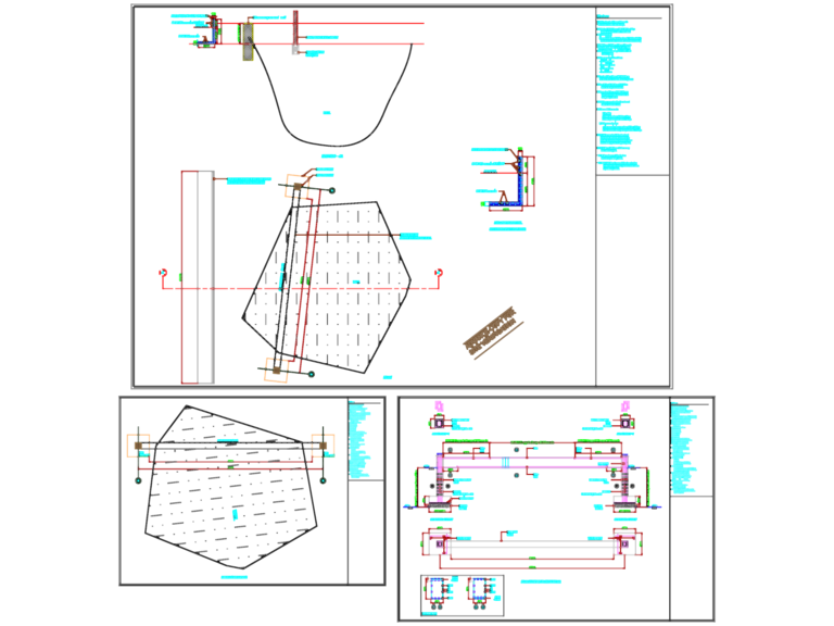 Structural reinforcement details for a bridge column, plinth beam, and road retaining wall sections.
