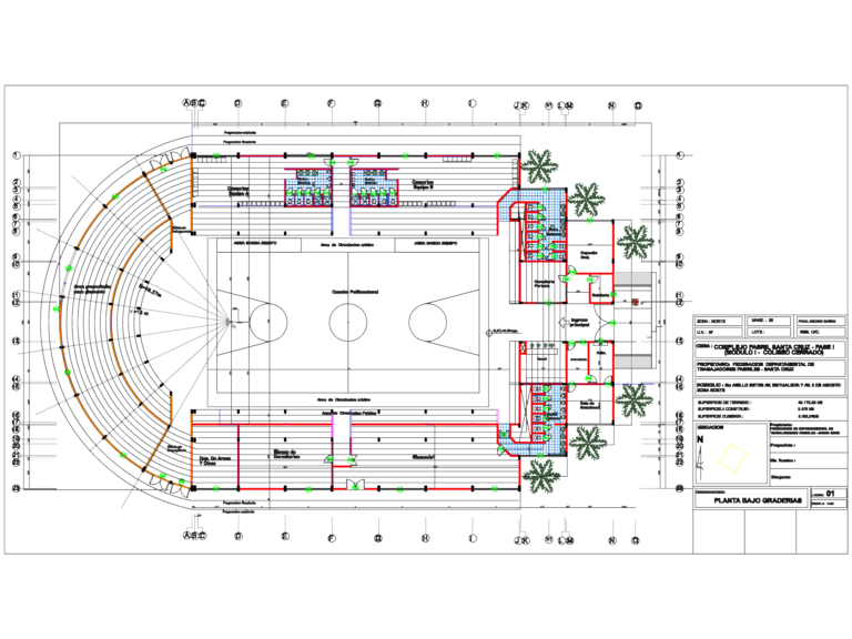 Architectural floor plan showing the ground level layout under the seating of a 1500-capacity indoor stadium.