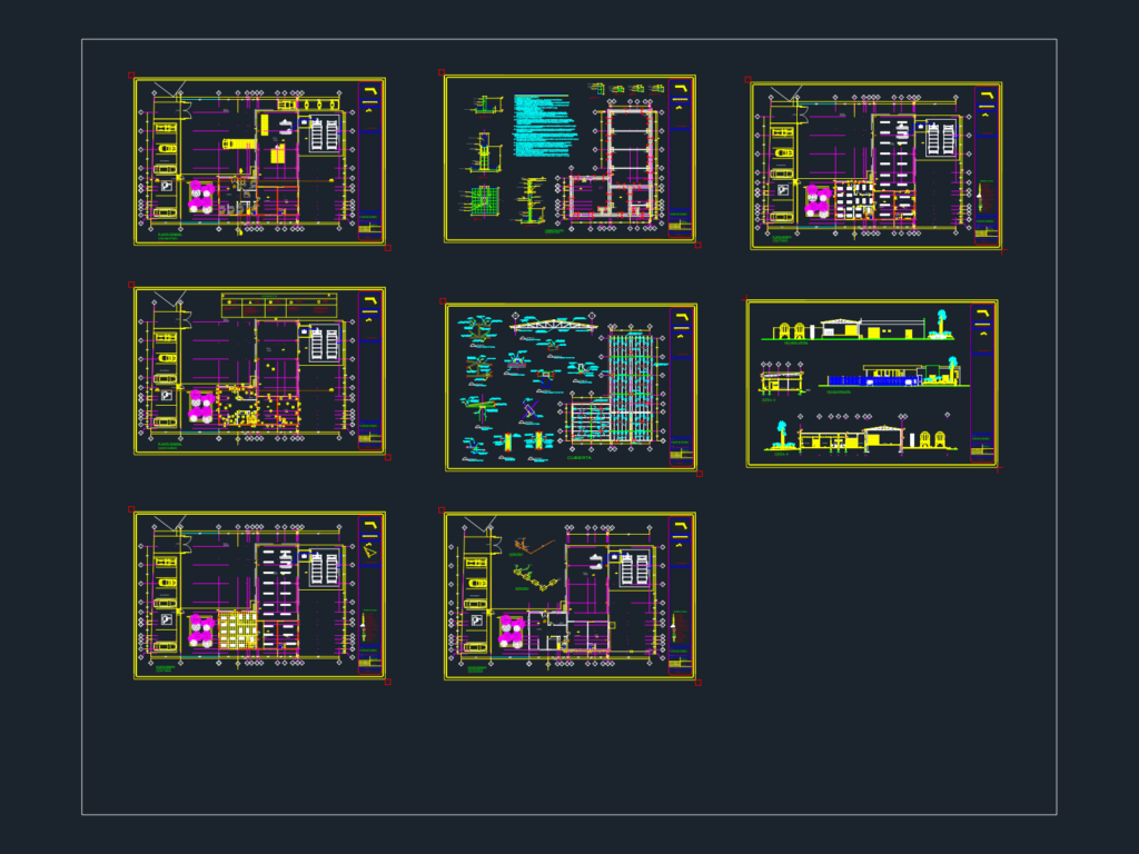 Industrial oxygen plant CAD layout showing architectural floor plans and structural foundation details.