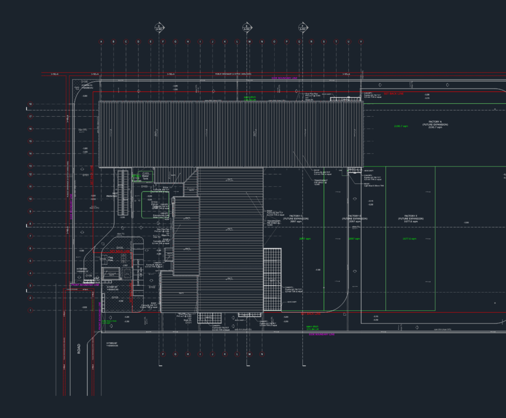Architectural CAD drawing of a steel factory site plan with roof layouts and building footprints.