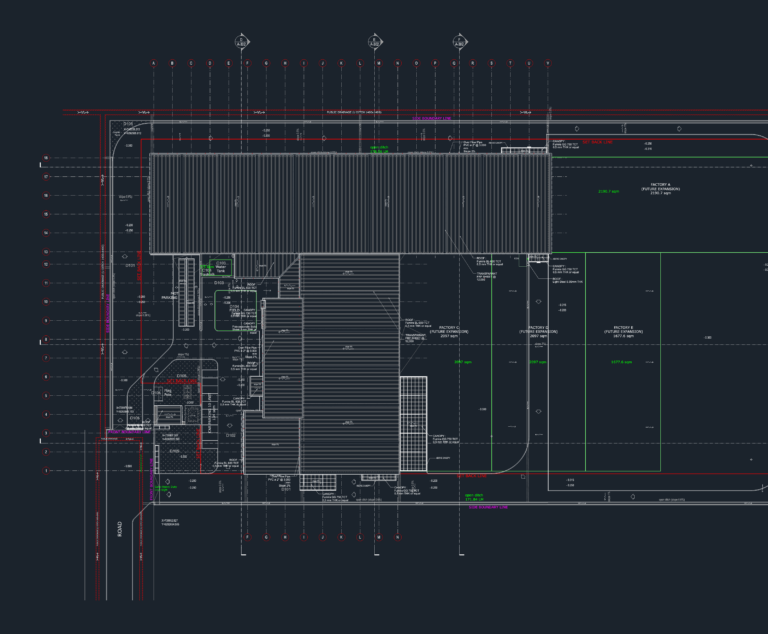 Architectural CAD drawing of a steel factory site plan with roof layouts and building footprints.