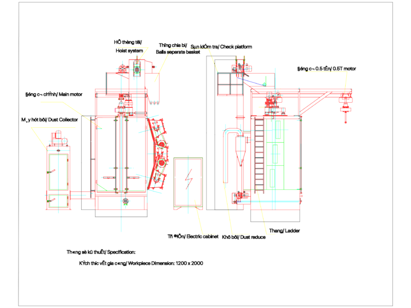 Industrial shot blasting machine assembly with hoist and dust collector