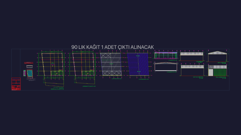 Architectural drawing showing floor plans, sections, and elevations of a steel frame warehouse building.
