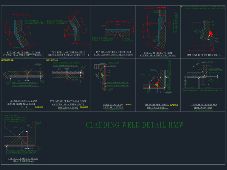Technical CAD drawing showing various cladding weld joint cross-sections for pressure vessels and nozzle attachments.