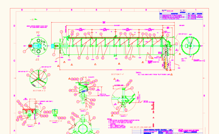 Detailed assembly drawing of an industrial crystallizer agitator with sections and detail views.