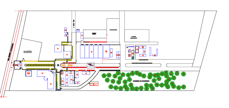 Site plan for an industrial facility showing parking, buildings, and a large landscaped area named Bosque do Sossego.