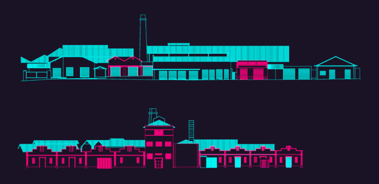 Two long architectural elevations of an industrial building complex with multiple chimneys and warehouses.