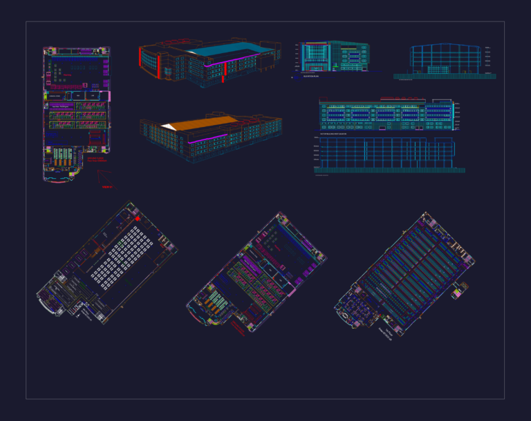Industrial factory CAD drawing showing floor plans, elevations and isometric views of a textile manufacturing plant.