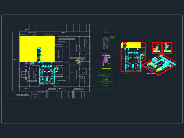 Sanitary installation plan for a water bottling factory showing plumbing lines and isometric details.
