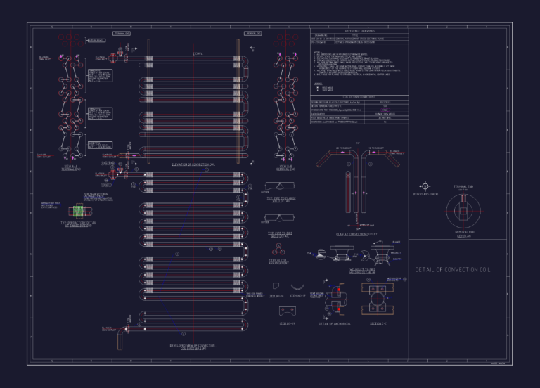 CAD drawing of industrial convection coil assembly with pipe elevations, weld details, and technical specifications.