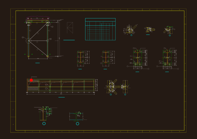 CAD structural drawing showing steel truss geometry, foundation layouts, and connection details for a belt conveyor system.