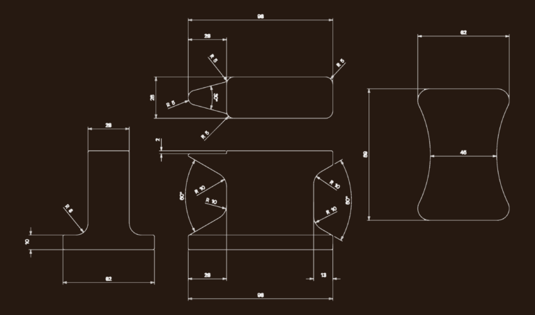 Four orthographic views of a metalworking anvil with dimensions, angles, and radii callouts.