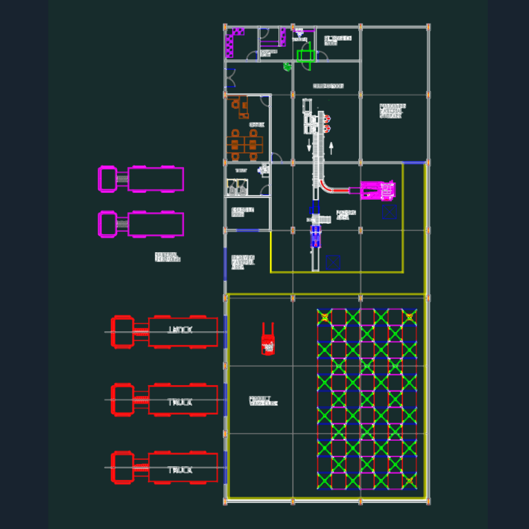 Floor plan of a consumer packing plant showing production areas, warehouse storage, and truck unloading zones.
