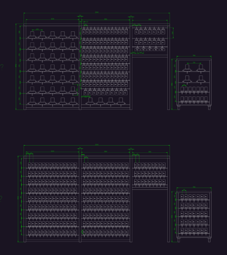 CAD elevation of CNC and EDM electrode storage racks with detailed dimensions for tool organization.