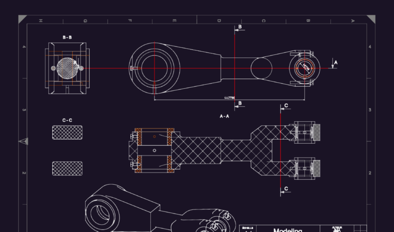 Mechanical drawing of an engine connecting rod showing top view, cross-sections, and a 3D wireframe isometric view.