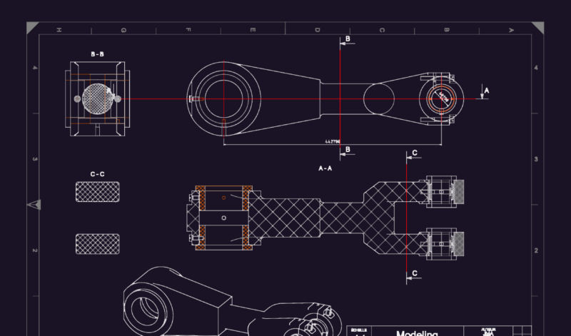 Mechanical assembly drawing of a piston connecting rod