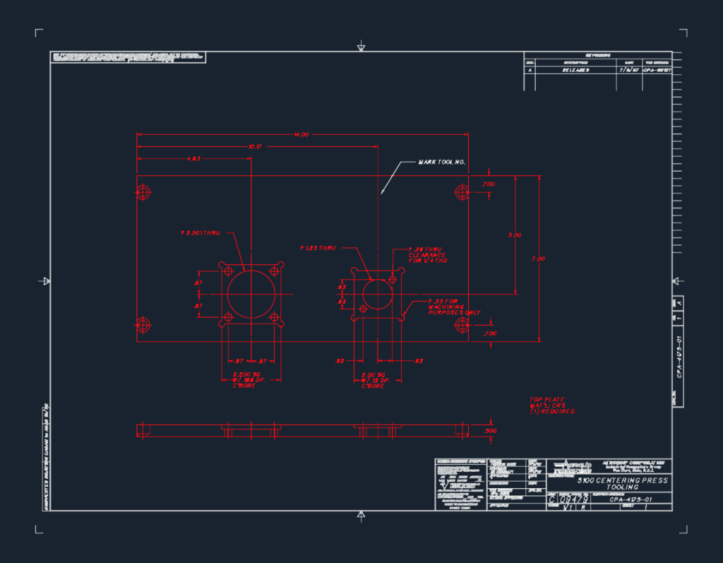 Engineering drawing of a 5100 centering press tooling top plate with hole patterns and machining dimensions.