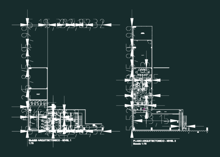 Architectural floor plans and cross sections for a two-story industrial warehouse building.